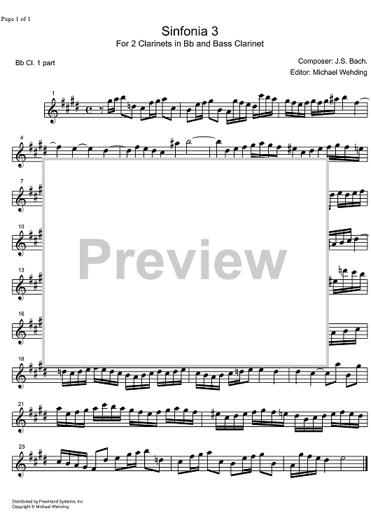 Three Part Sinfonia No. 3 BWV 789 D Major - B-flat Clarinet 1