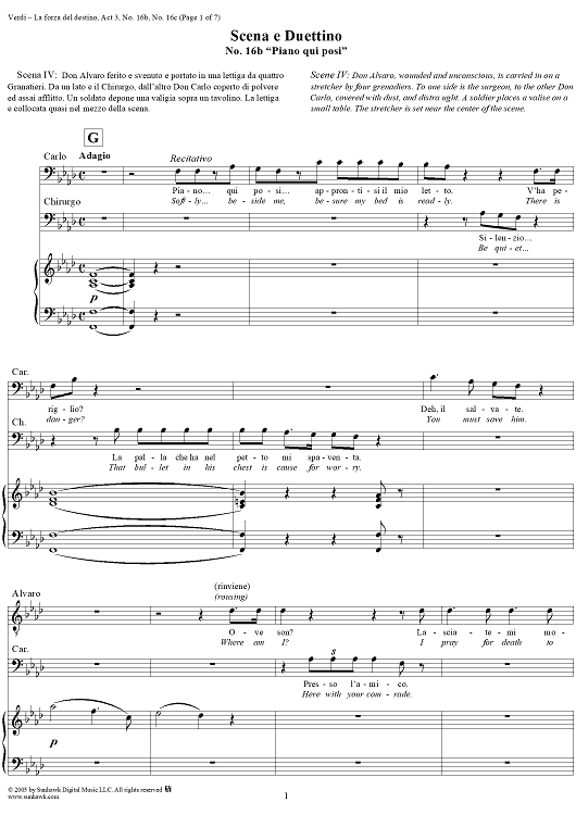 La forza del destino, Act 3, Nos. 16b and 16c, Scene and Duet. "Piano, qui posi" and "Solenne in quest'ora" - Score