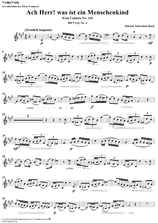 "Ach Herr! was ist ein Menschenkind", Aria, No. 4 from Cantata No. 110: "Unser Mund sei voll Lachens" - Violin
