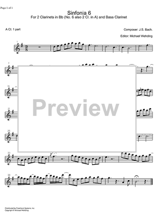Three Part Sinfonia No. 6 BWV 792 E Major - A Clarinet 1