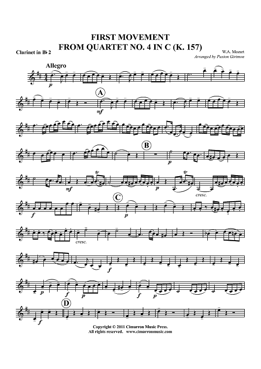 First Movement from Quartet No. 4 in C (K. 157) - Clarinet 2 in Bb