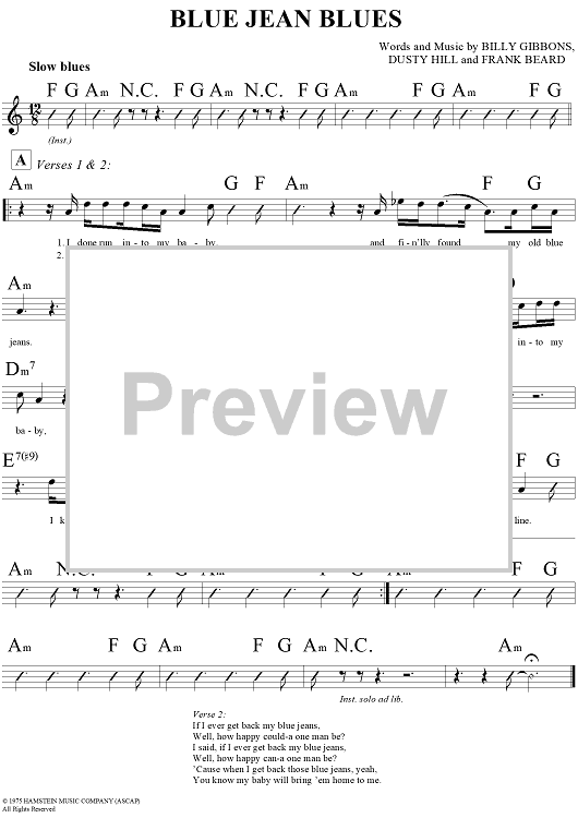 Blue Jean Blues" Sheet Music by ZZ Top for Lead Sheet Sheet Music Now