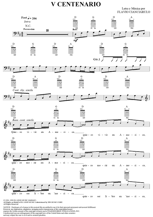 V Centenario" Sheet Music by Los Fabulosos Cadillacs for Lead Sheet