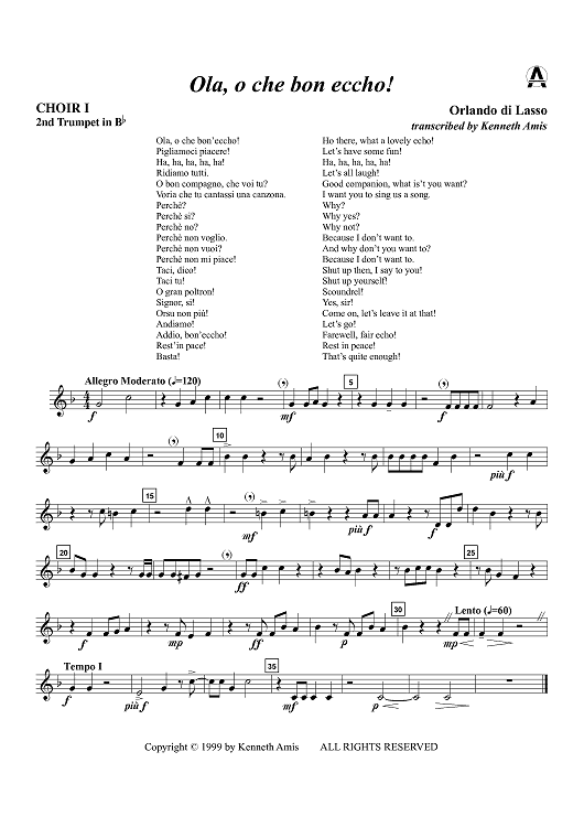 Ola, o che bon eccho! - Choir 1, Trumpet 2 in B-flat and C