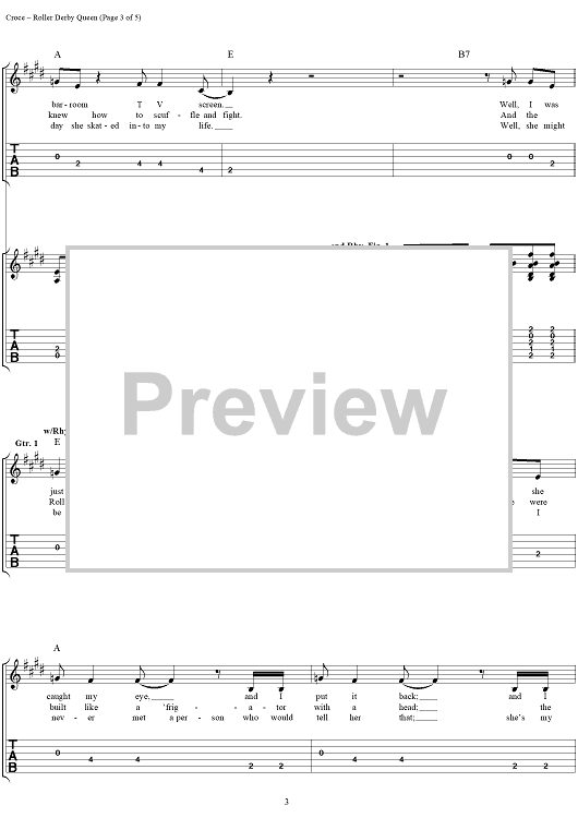 Roller Derby Queen" Sheet Music by Jim Croce for Easy Guitar Tab/Vocal