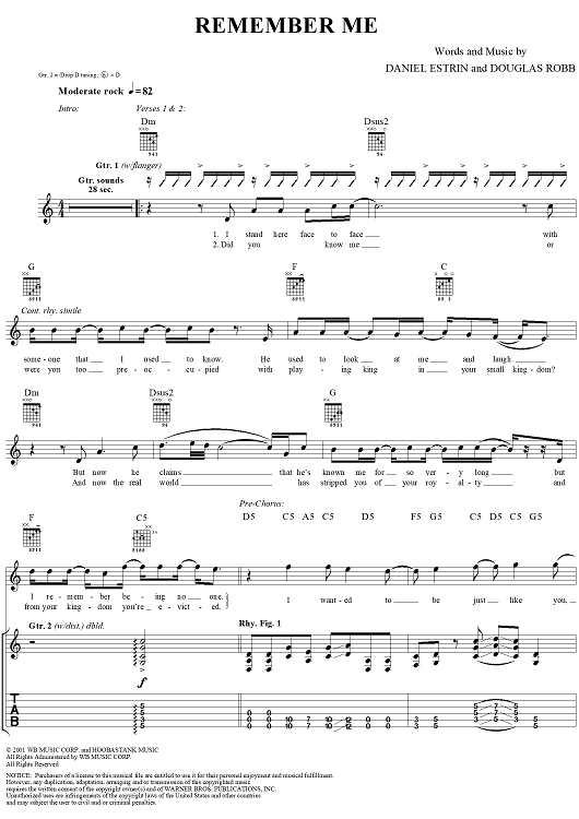 Remember Me" Sheet Music by Hoobastank for Guitar Tab/Vocal Sheet