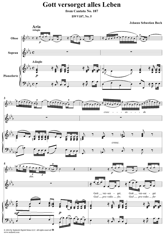 "Gott versorget alles Leben", Aria, No. 5 from Cantata No. 187: "Es wartet alles auf dich" - Piano Score