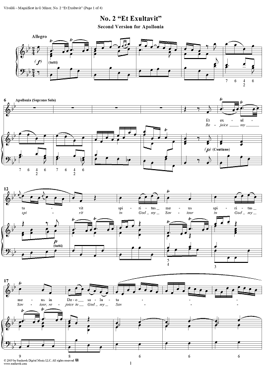 Magnificat in G Minor: No. 2a, Et Exultavit (Second Version for Apollonia)
