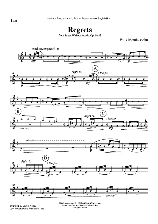 Regrets - from Songs Without Words, Op. 19 #2 - Part 3 Horn or English Horn in F