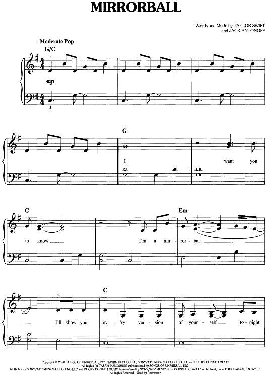Mirrorball" Sheet Music by Taylor Swift for Easy Piano/Vocal/Chords