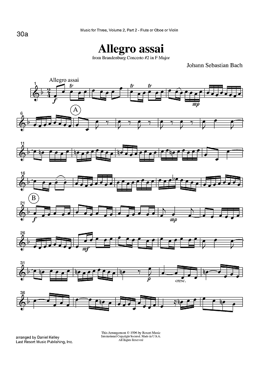 Allegro assai - from Brandenburg Concerto #2 in F Major - Part 2 Flute, Oboe or Violin