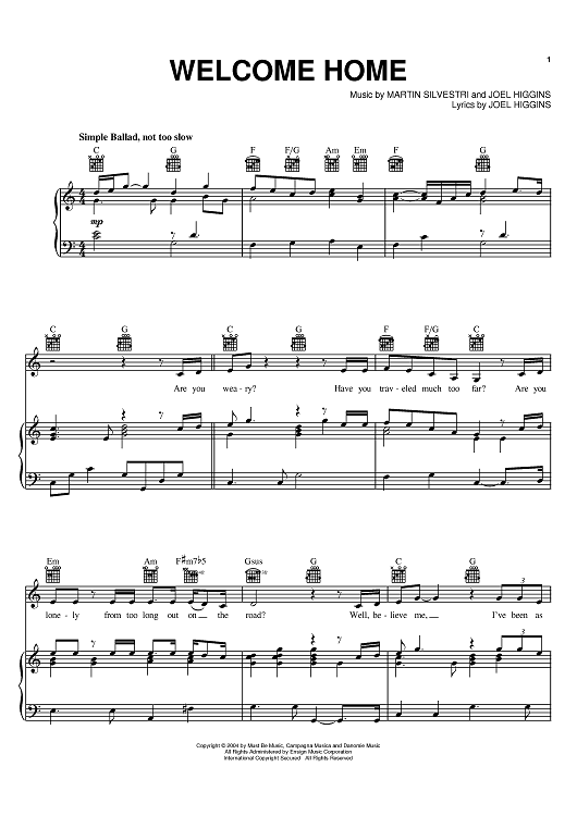 Welcome Home" Sheet Music by Joel Higgins for Piano/Vocal/Chords