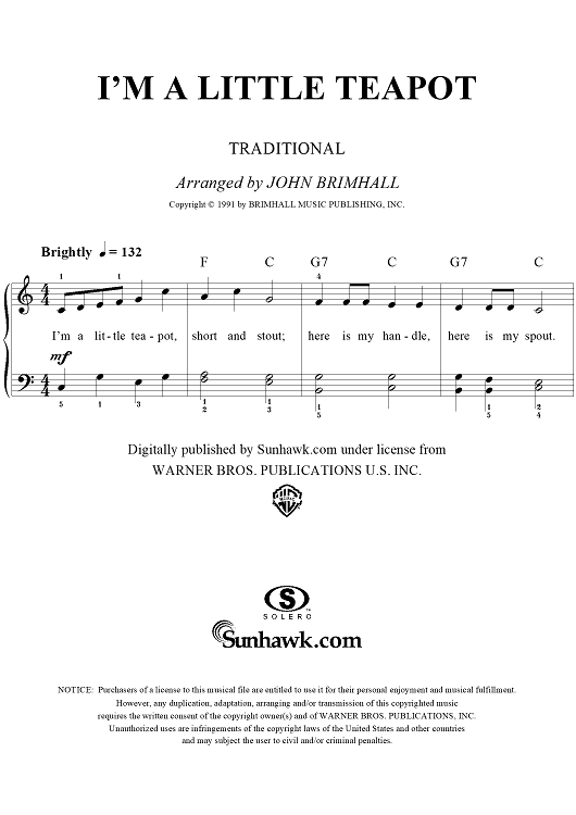 I'm A Little Teapot" Sheet Music for Easy Piano/Vocal Sheet Music Now
