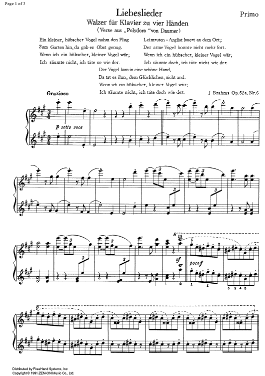 Liebeslieder Walzer A Major Op.52a No. 6 - Piano 1