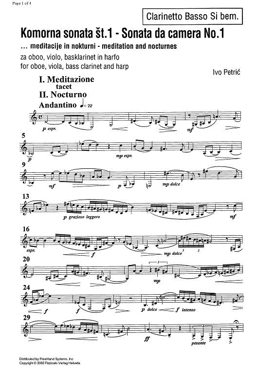 Sonata da camera No. 1 ... meditation and nocturnes - B-flat Bass Clarinet