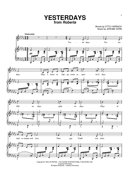 Yesterdays" Sheet Music by Jerome Kern for Piano/Vocal/Chords - Sheet
