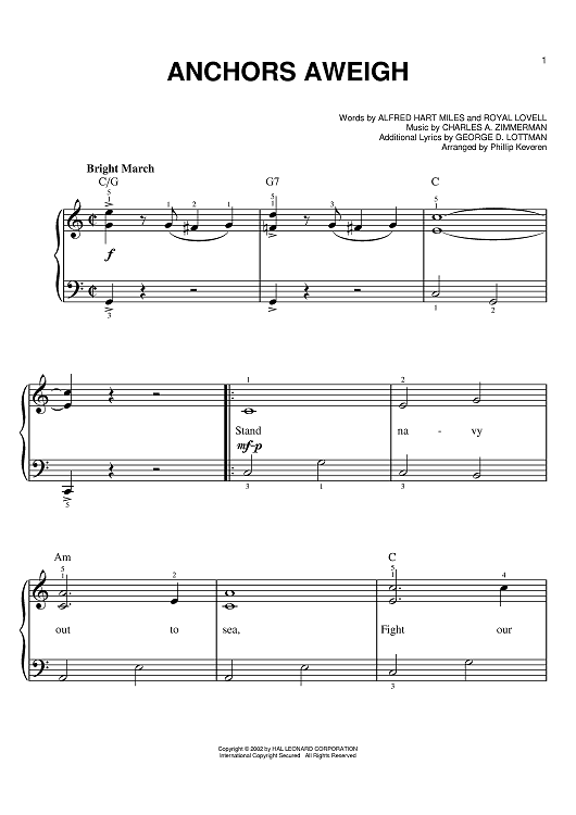 Anchors Aweigh" Sheet Music by Alfred Hart Miles for Easy Piano Sheet
