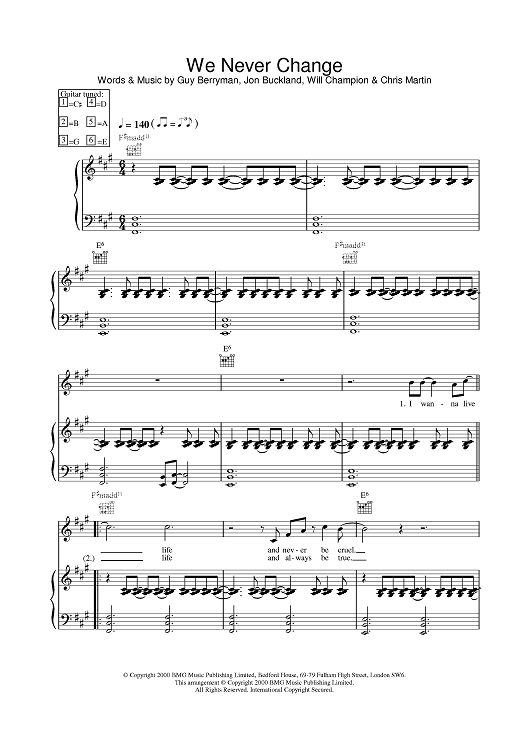 We Never Change" Sheet Music by Coldplay for Piano/Vocal/Chords Sheet