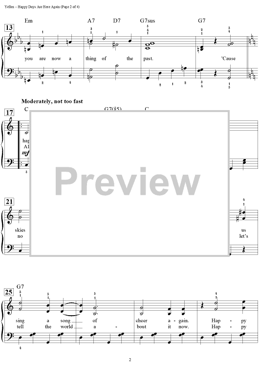 Square product image for "Happy Days Are Here Again" sheet music designed for easy piano/vocal/chords.