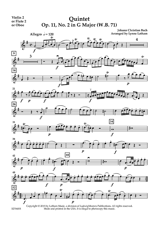 Quintet Op. 11, No. 2 in G Major (W.B. 71) - Violin 2, Flute 2, or Oboe