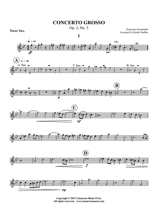 Concerto Grosso - Op. 3, No. 3 - Tenor Sax