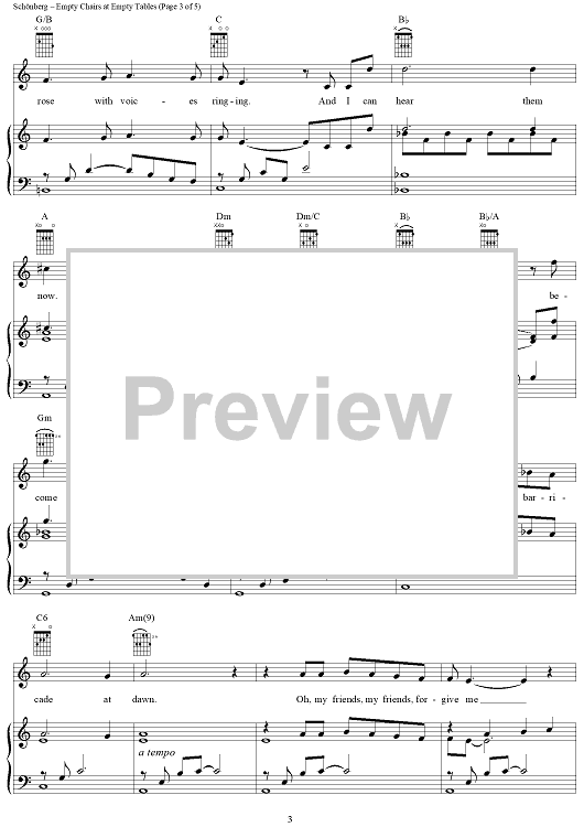 Empty Chairs At Empty Tables" Sheet Music for Piano/Vocal/Chords