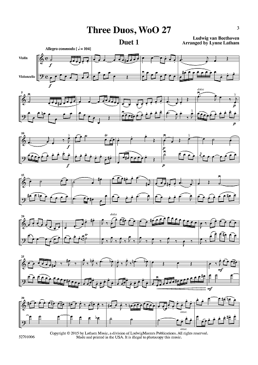 Three Duos, WoO 27 for Violin and Cello - Score