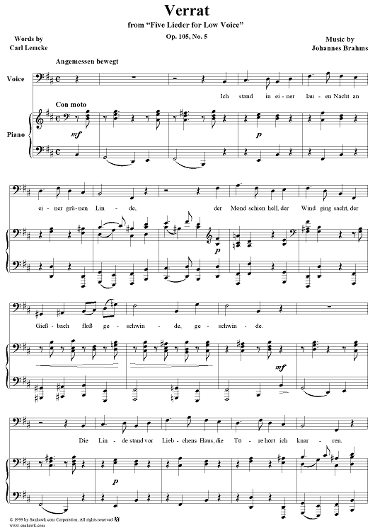 Five Lieder for Low Voice, Op. 105, No. 5, Verrat