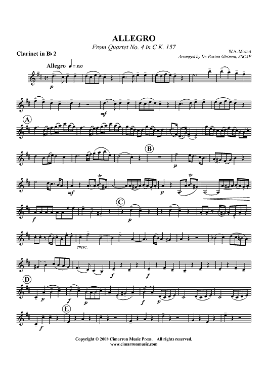 Allegro from Quartet No. 4 in C, K. 157 - Clarinet 2 in B-flat