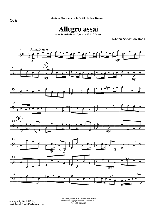 Allegro assai - from Brandenburg Concerto #2 in F Major - Part 3 Cello or Bassoon