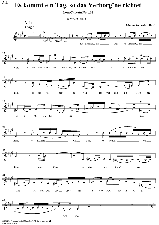 "Es kommt ein Tag, so das Verborg'ne richtet", Aria, No. 3 from Cantata No. 136: "Erforsche mich, Gott, und erfahre mein Herz" - Alto