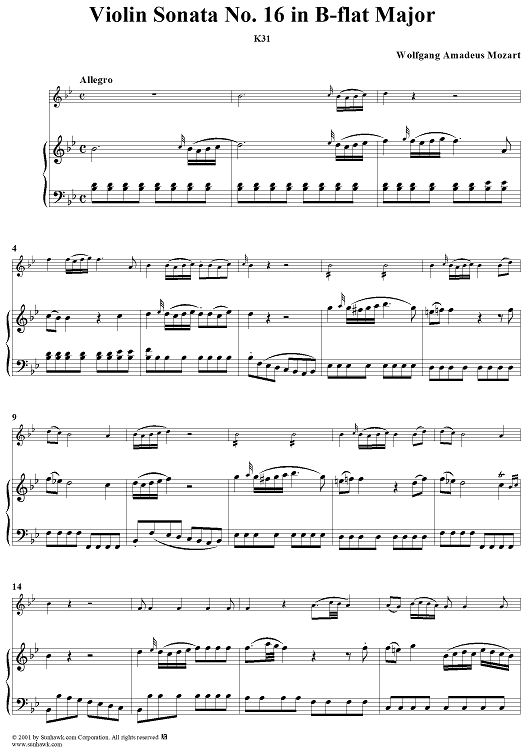 Violin Sonata No. 16 in B-flat Major, K31 - Piano Score