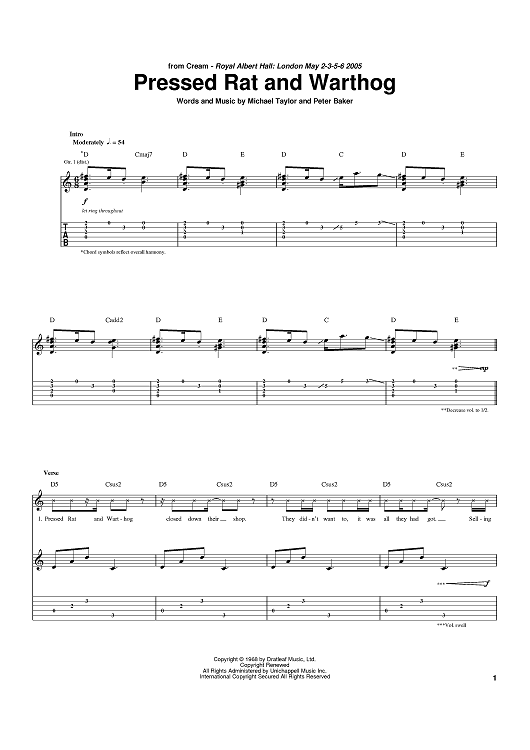 Pressed Rat And Warthog" Sheet Music by Cream for Guitar Tab - Sheet