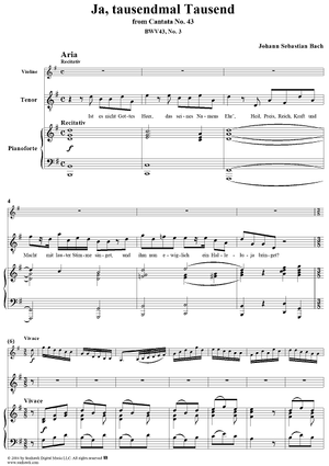 "Ja, tausendmal Tausend", Aria, No. 3 from Cantata No. 43: "Gott fähret auf mit Jauchzen" - Piano Score