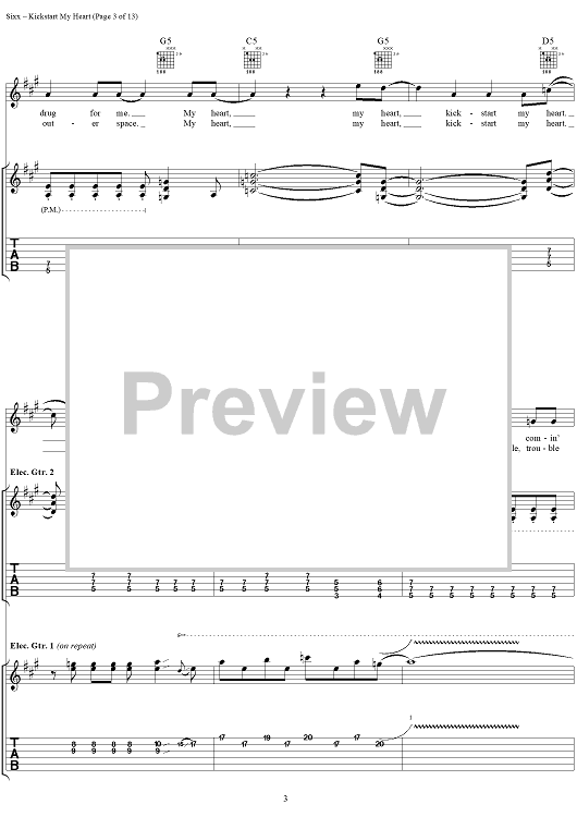 Kickstart My Heart" Sheet Music by Mötley Crüe for Guitar Tab/Vocal