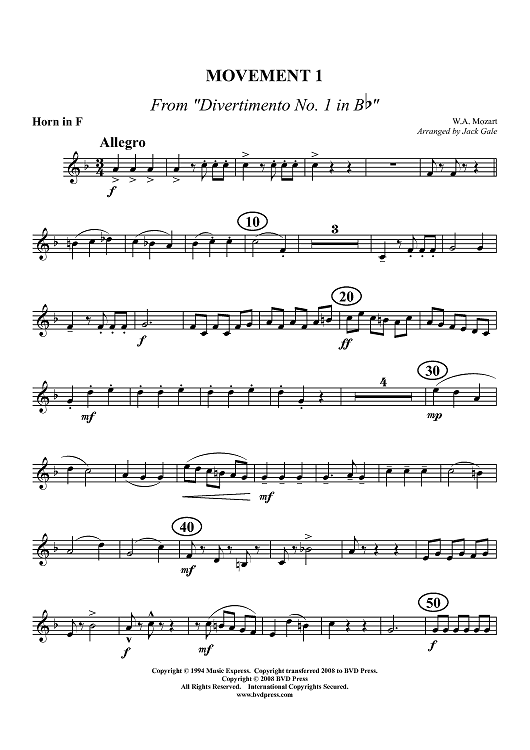 Movement 1 from "Divertimento No. 1 in B-flat" - Horn