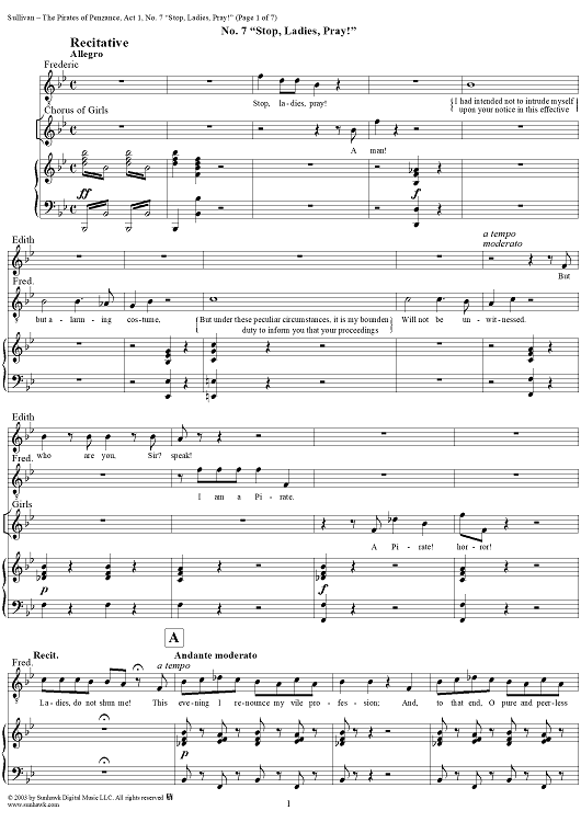 The Pirates of Penzance - Act I, No. 7: Stop, ladies, pray! - Vocal Score