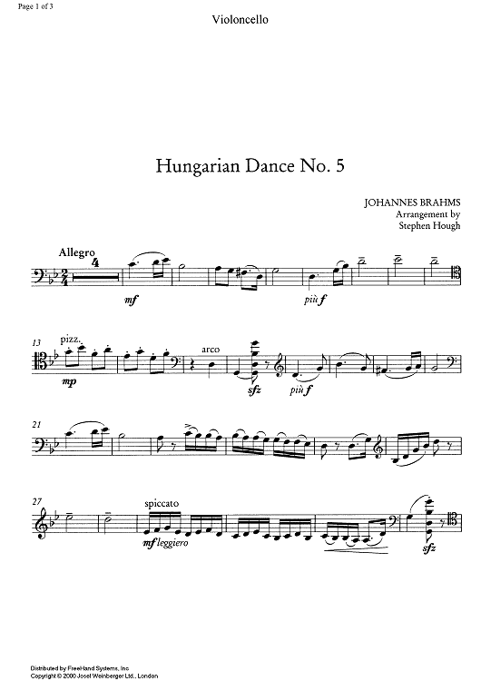 Hungarian Dance No. 5 - Cello