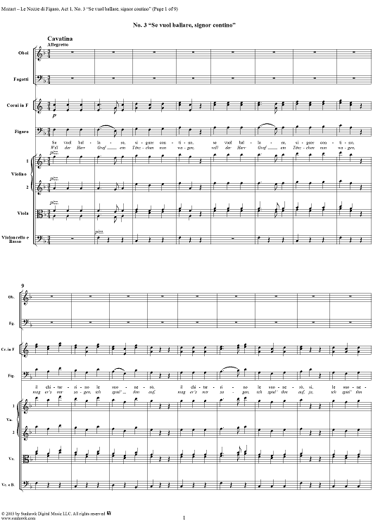 "Se vuol ballare, signor contino", No. 3 from "Le Nozze di Figaro", Act 1, K492 - Full Score