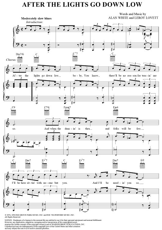 After the Lights Go Down Low" Sheet Music for Piano/Vocal/Chords