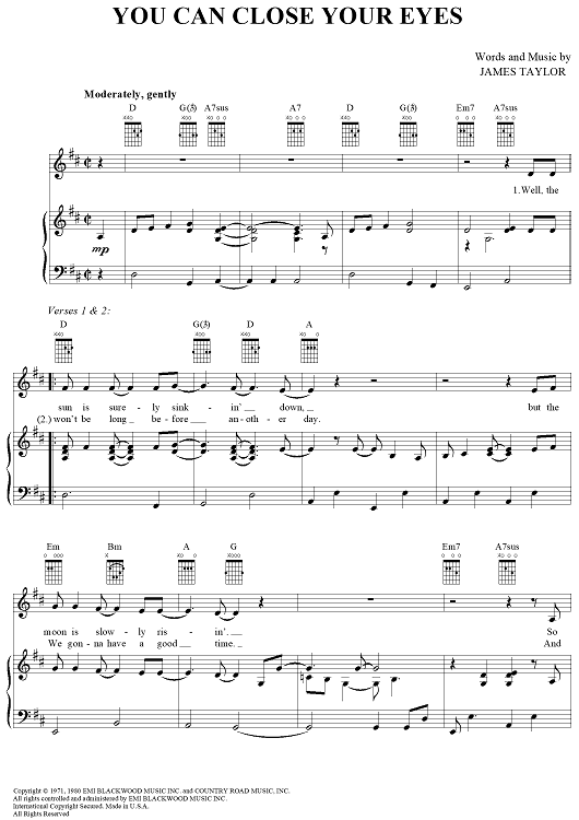 You Can Close Your Eyes" Sheet Music by James Taylor for Piano/Vocal/Chords - Sheet Music Now