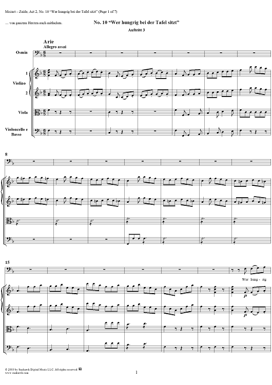 "Wer hungrig bei der Tafel sitzt", No. 10 from "Zaide", Act 2, K336b (K344) - Full Score