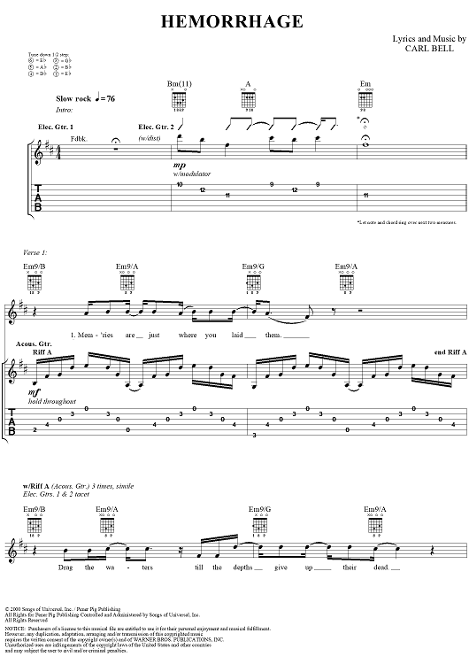 Hemorrhage" Sheet Music by Fuel for Guitar Tab/Vocal Sheet Music Now