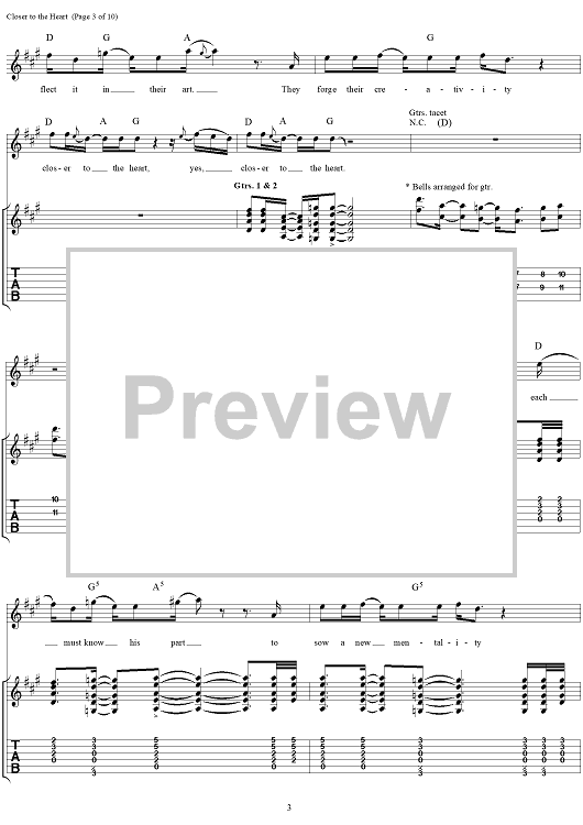 Closer to the Heart" Sheet Music by Rush for Guitar Tab/Vocal Sheet