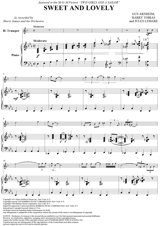 Sweet and Lovely - Piano Score