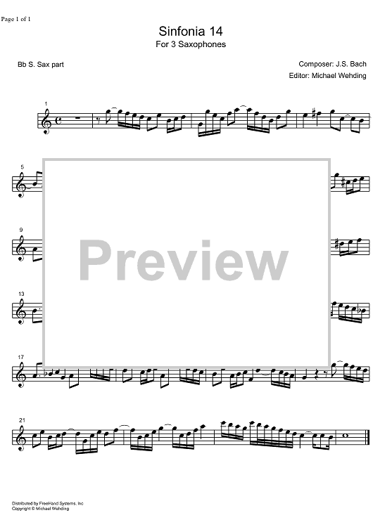 Three Part Sinfonia No.14 BWV 800 Bb Major - B-flat Soprano Saxophone