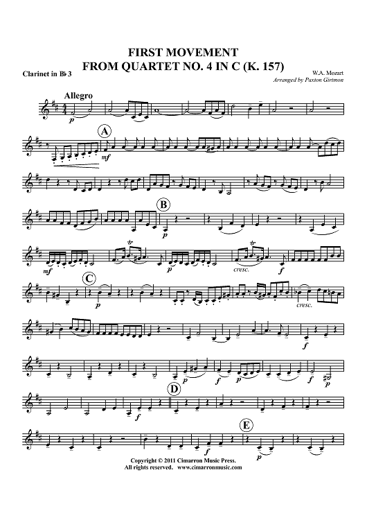 First Movement from Quartet No. 4 in C (K. 157) - Clarinet 3 in Bb