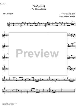 Three Part Sinfonia No. 5 BWV 791 Eb Major - B-flat Soprano Saxophone