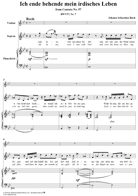 "Ich ende behende mein irdisches Leben", Aria, No. 7 from Cantata No. 57: "Selig ist der Mann" - Piano Score