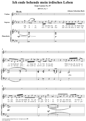 "Ich ende behende mein irdisches Leben", Aria, No. 7 from Cantata No. 57: "Selig ist der Mann" - Piano Score